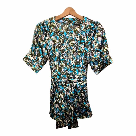 BCBGMAXAZRIA Satin Top Crew Neck Abstract Green Brown Short Sleeves Medium NWT - Picture 1 of 9
